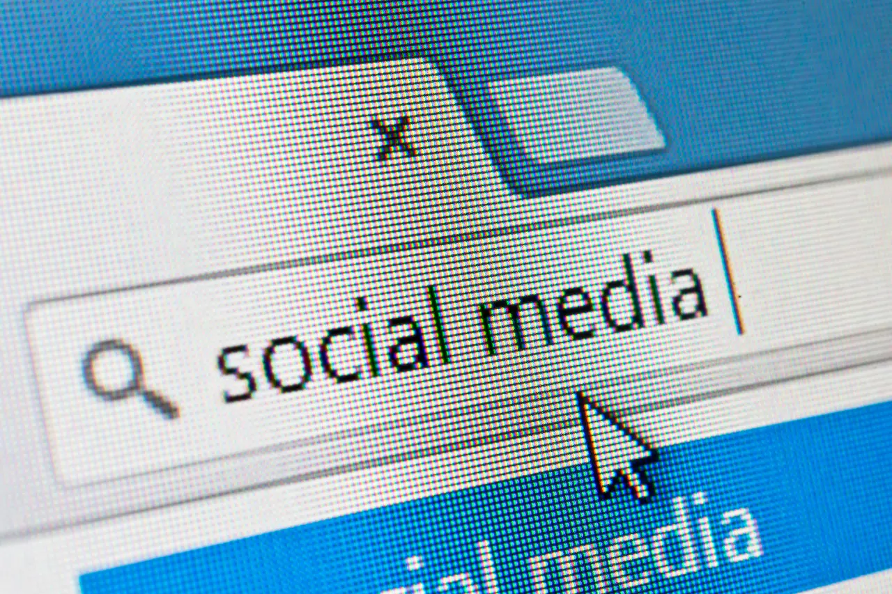 Fraza „social media" wpisana w pasek wyszukiwarki w przeglądarce